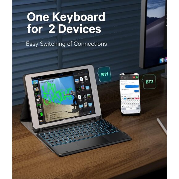 GreenLaw 9.7" iPad 6/5/Air 2 Keyboard Case, 7-Color Backlit, Dual BT - Picture 5 of 7